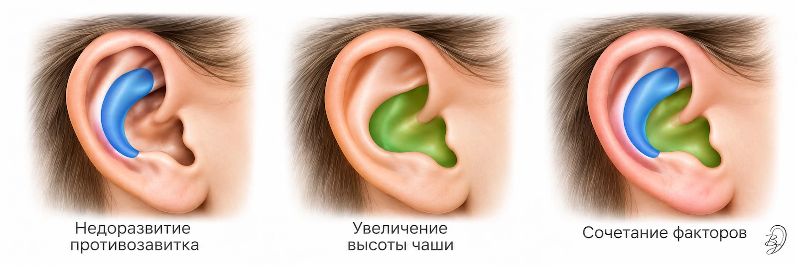 Причины лопоухости: недоразвитие противозавитка, увеличение высоты чаши, сочетание факторов