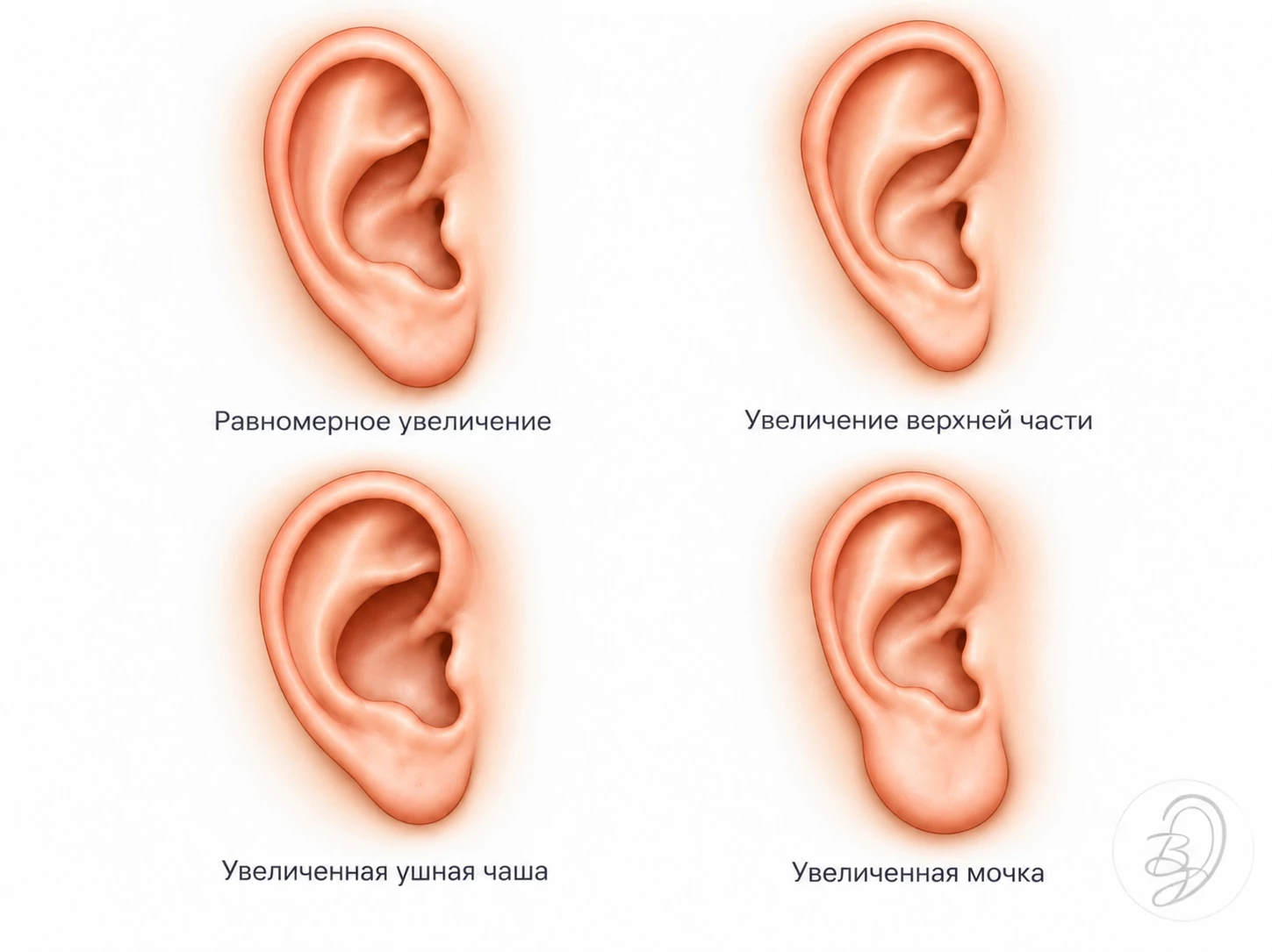 Равномерное увеличение, увеличение верхней части, увеличенная чаша, увеличенная мочка