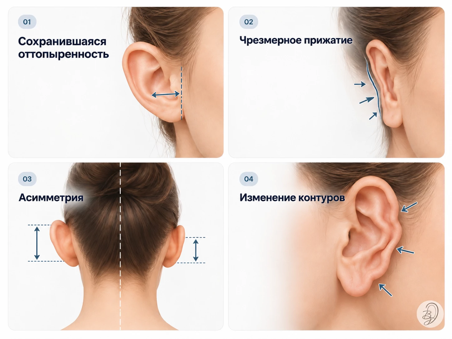 Поводы для вторичной отопластики: сохранившаяся оттопыренность, чрезмерное прижатие, асимметрия, изменение контуров